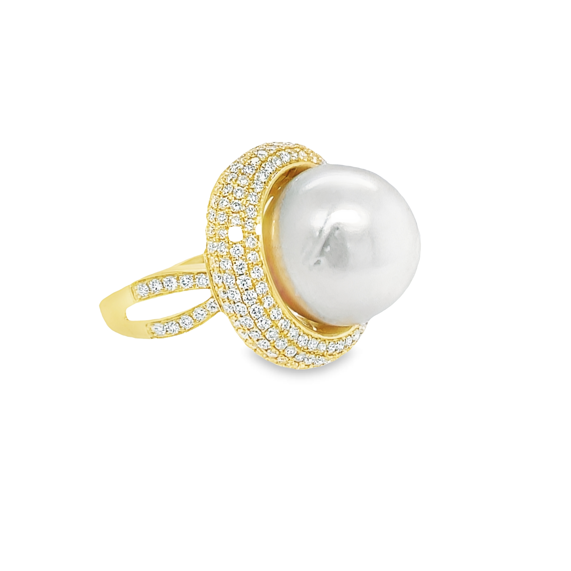 Large South Sea Pearl Diamond Halo Ring Profile View