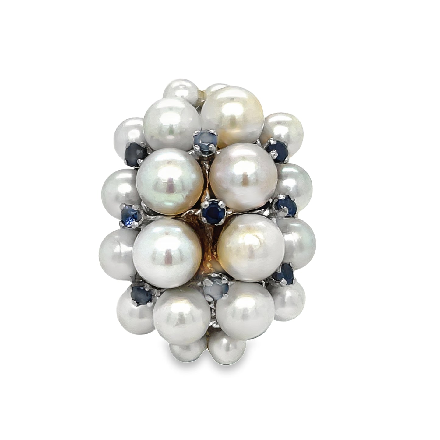 Cluster of Cultured Pearls & Sapphires Ring Front view