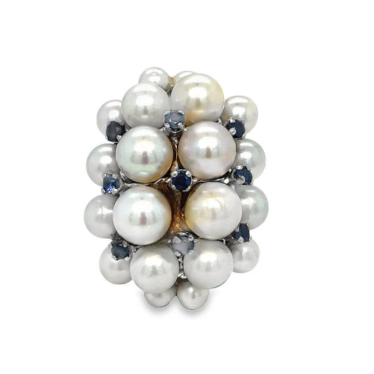 Cluster of Cultured Pearls & Sapphires Ring Front view