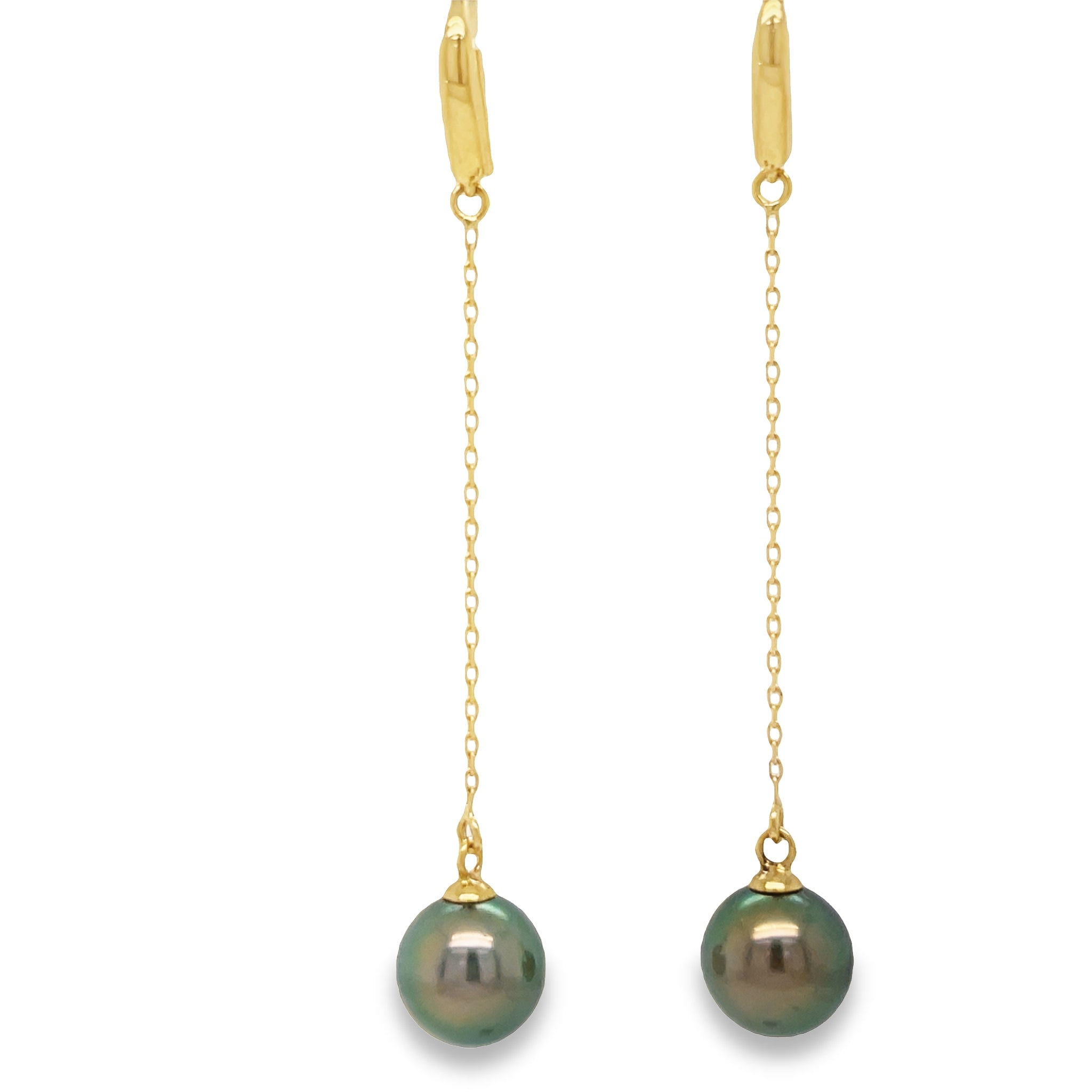 Gleam in luxury with these exquisite Tahitian pearl drop earrings. These 18K yellow gold earrings are 2.5" long and showcase 8.00 mm pearls for a look of sophistication and elegance. Adorn yourself with timeless beauty that evokes grace and splendor.