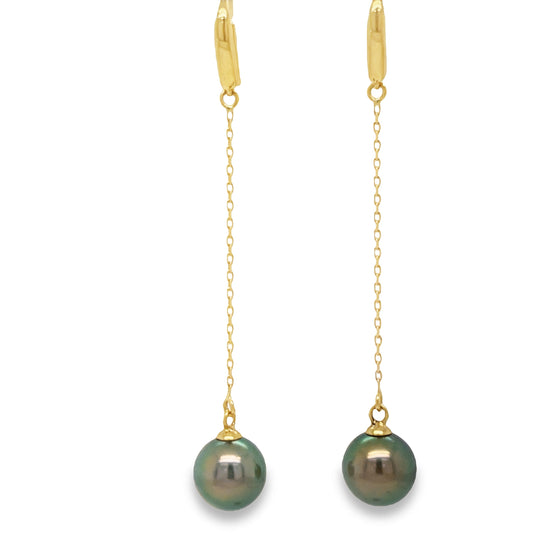 Front view of 18k Yellow Gold Tahitian Pearls Drop Earrings 8.00 mm