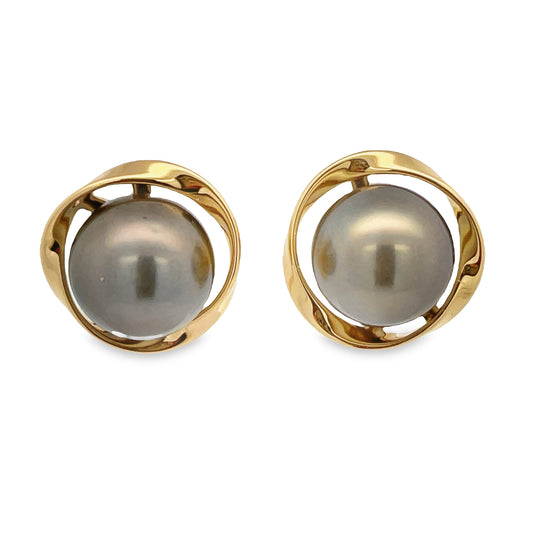 Tahitian Pearls Yellow Gold Trim Stud Earrings Front view 