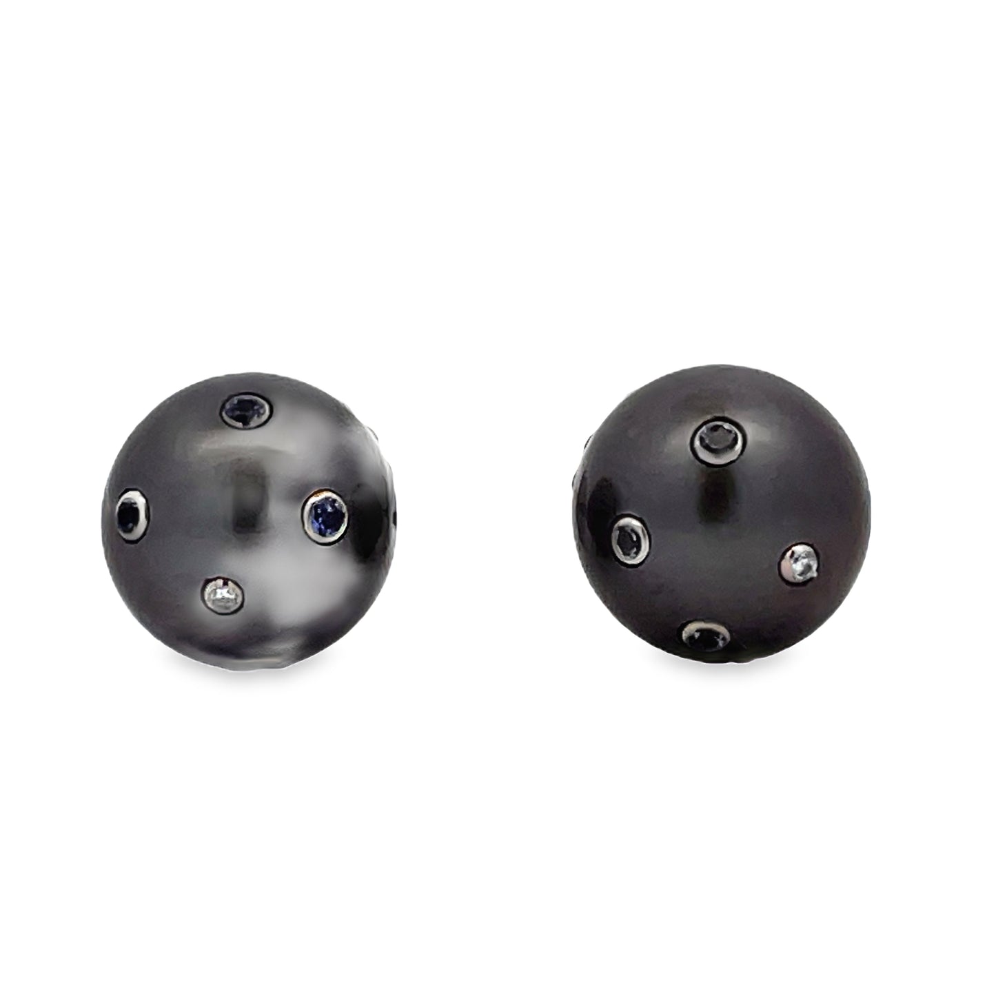 Front view of Tahitian Embedded Diamond & Tanzanite Stud Earrings 12.00 mm 