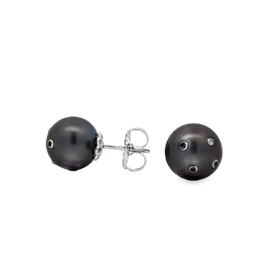 Front and side view of Tahitian Embedded Diamond & Tanzanite Stud Earrings 12.00 mm 