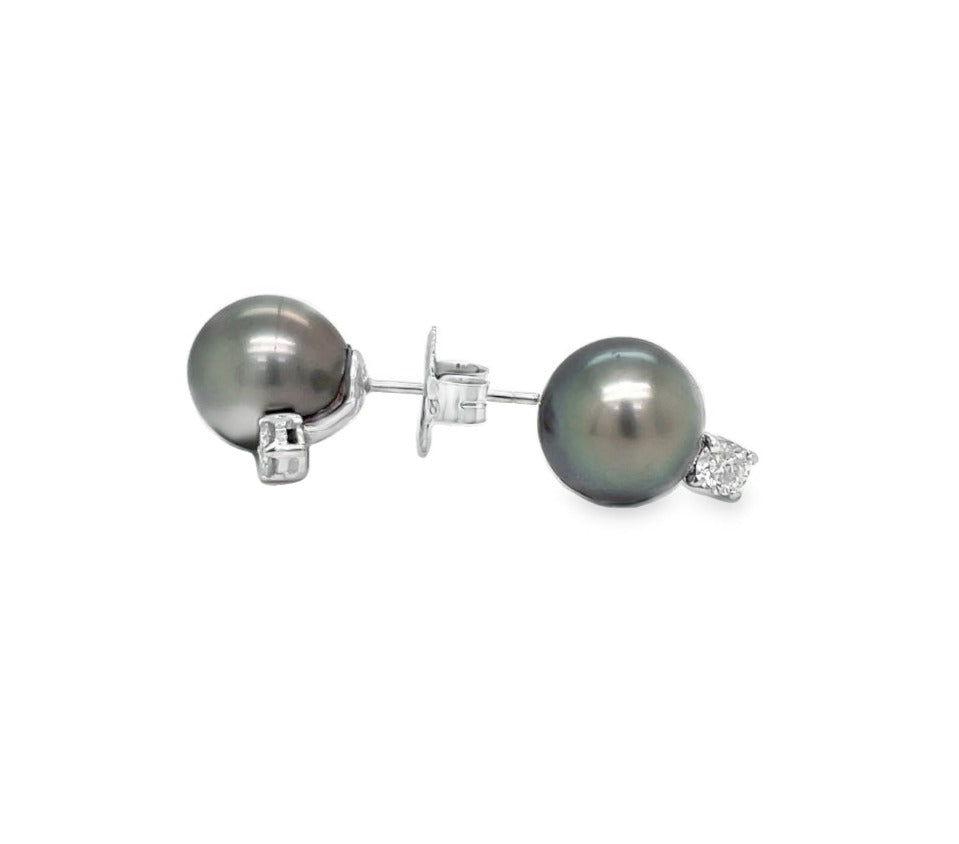 Tahitian Pearls Diamond Stud Earrings 10.00 mm Front and Side View