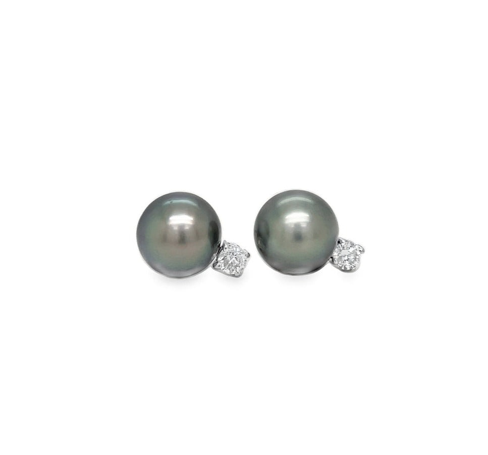 Tahitian Pearls Diamond Stud Earrings 10.00 mm Front view