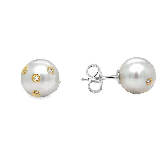 South Seas Embedded Diamond Stud Earrings 10.00 mm Front and Side View