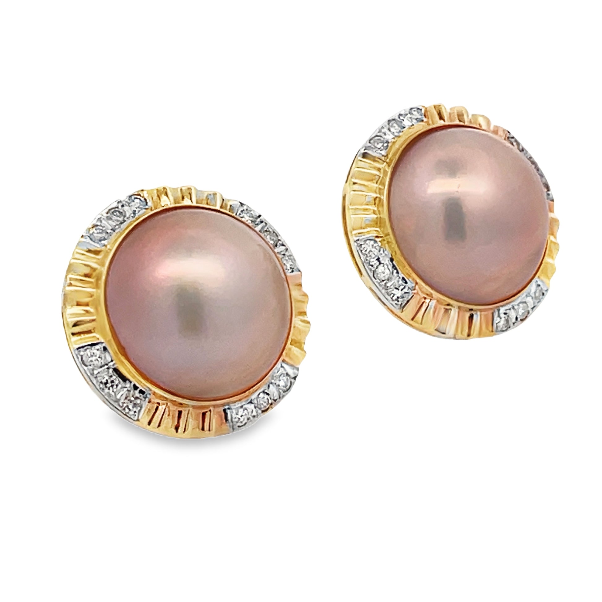 Side view of Mabe Pearl Diamond Yellow Gold Earrings