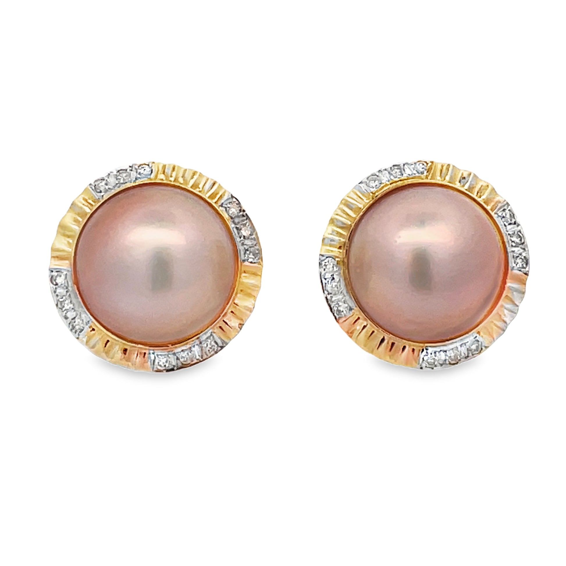 Front view of Mabe Pearl Diamond Yellow Gold Earrings