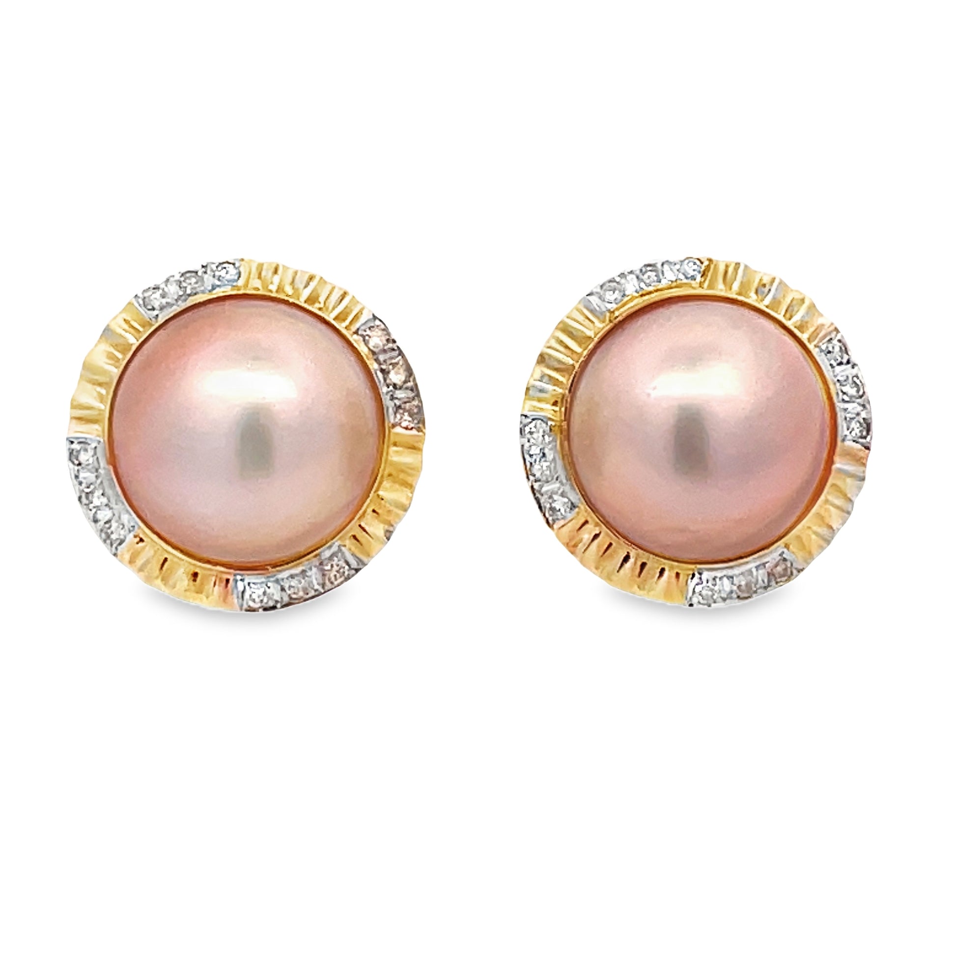 Front view of Mabe Pearl Diamond Yellow Gold Earrings