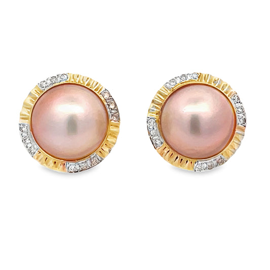 Front view of Mabe Pearl Diamond Yellow Gold Earrings