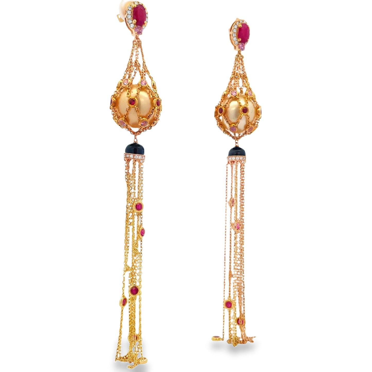 Side view of 18k Yellow Gold Fancy Long Cultured Pearl Earrings with Rubies and Sapphires 