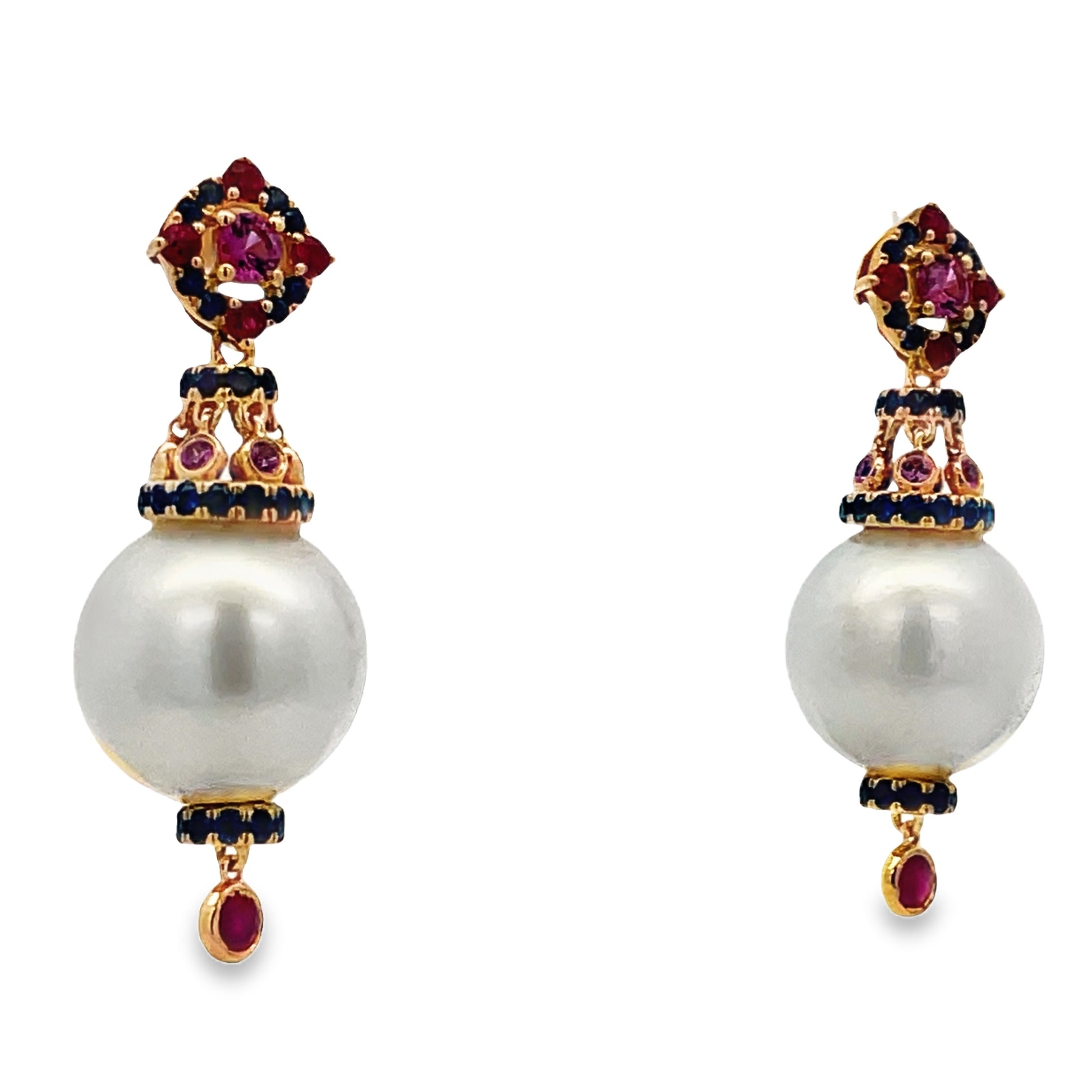 Side view of 18k Yellow Gold Fancy Cultured Pearl Earrings with Rubies and Sapphires 