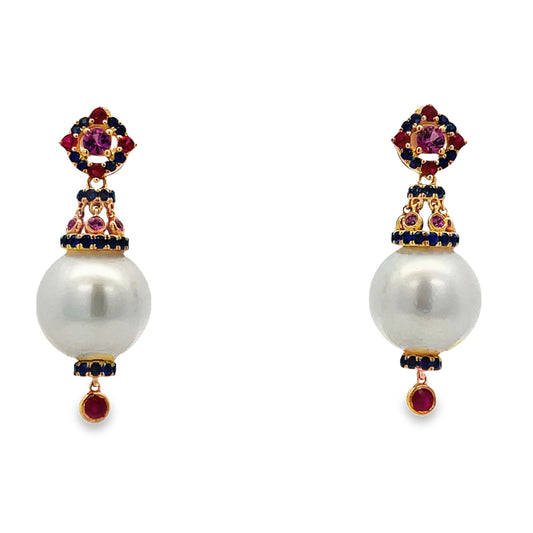 Front view of 18k Yellow Gold Fancy Cultured Pearl Earrings with Rubies and Sapphires 
