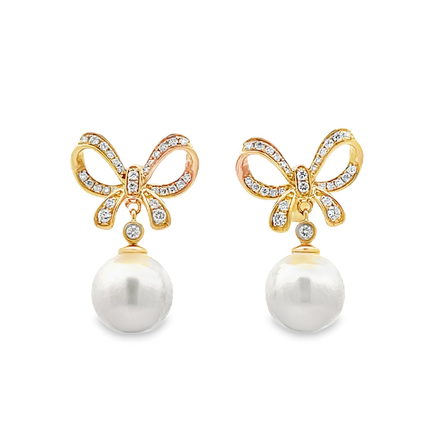 Front view of 14k Yellow Gold Diamond Bow Drop Pearl Earrings