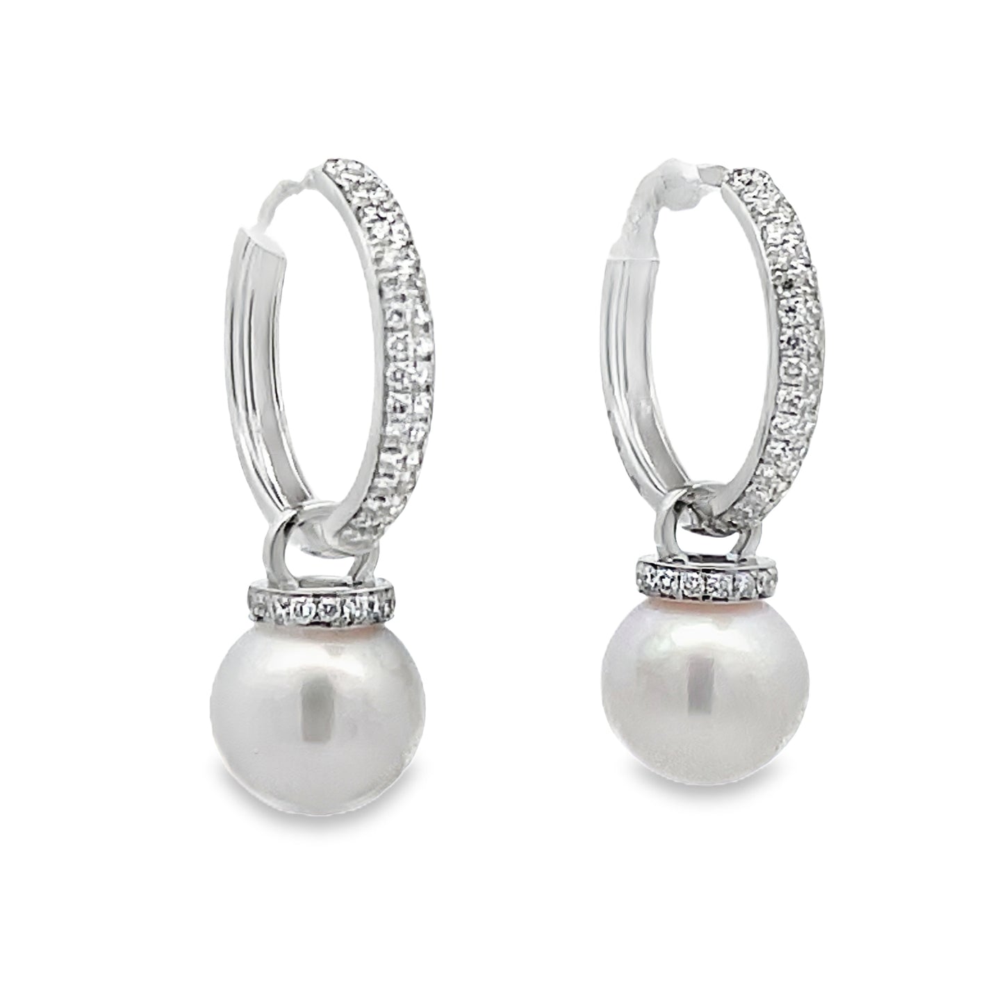 Side view of 14k White Gold Diamond Huggie Pearl Earrings