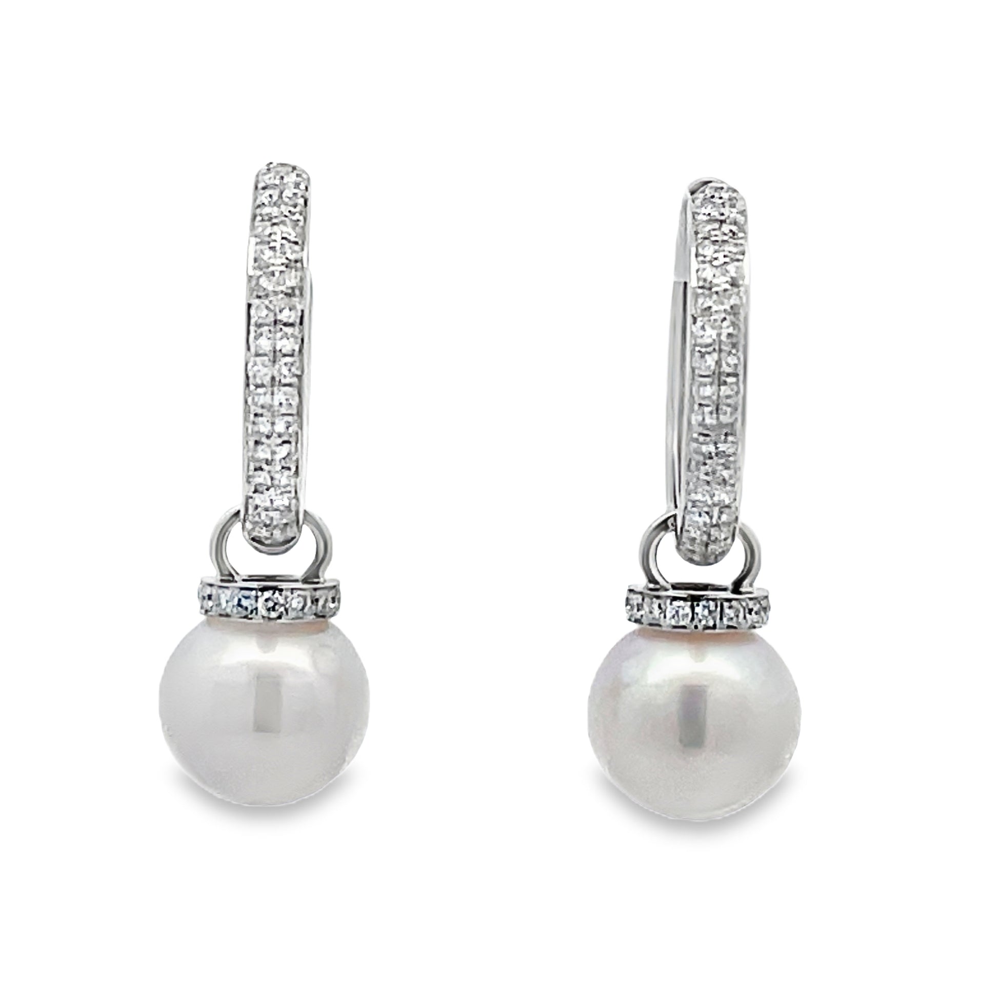 Front view of 14k White Gold Diamond Huggie Pearl Earrings