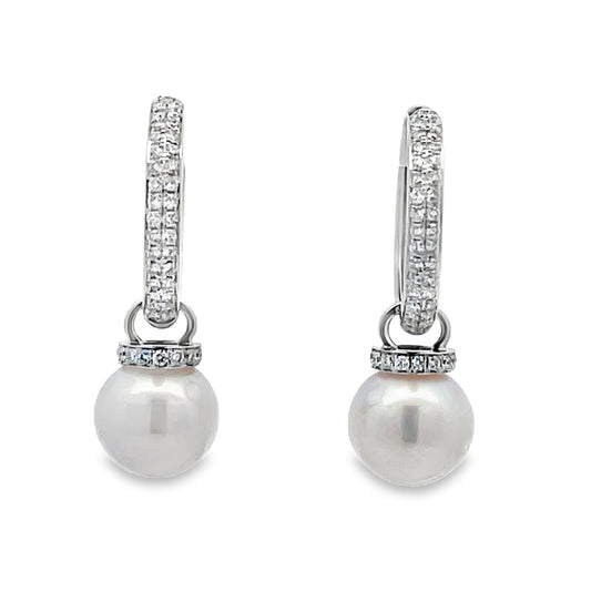 Front view of 14k White Gold Diamond Huggie Pearl Earrings