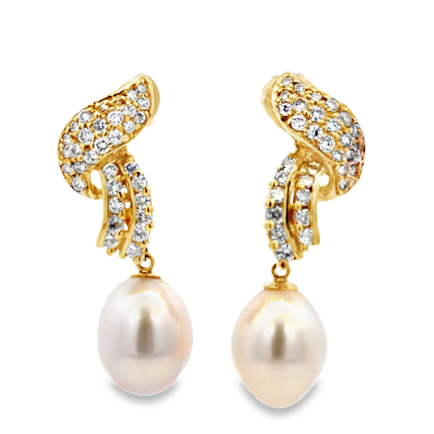 Front view 14k Yellow Gold diamond Pave Ribbon and Fresh Water Pearl Drop Earrings