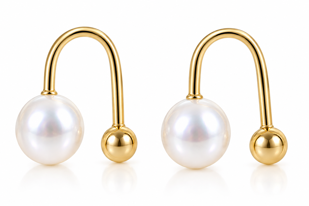 Side view of 18k Yellow Gold Wire Screw Back Fresh Water Pearl Earrings