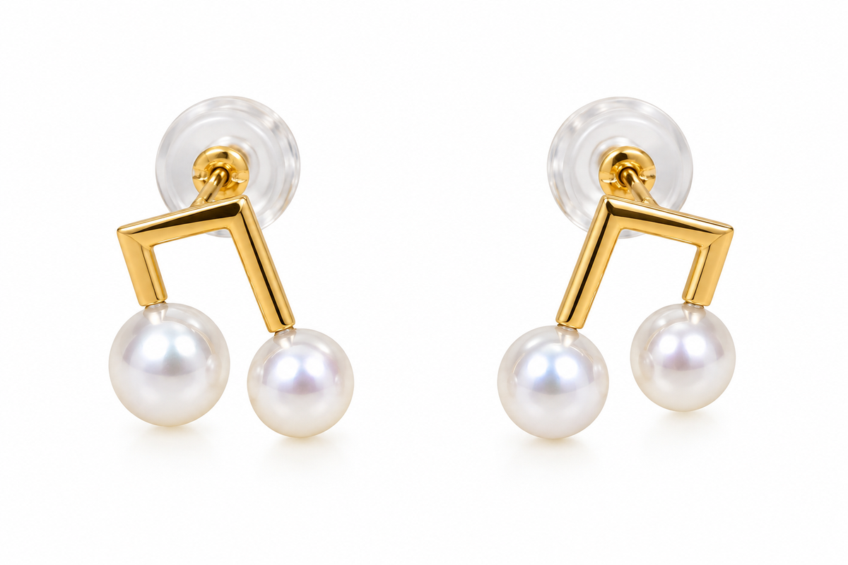 Front view of 18k Yellow Gold Fresh Water Music Note Pearl Earrings