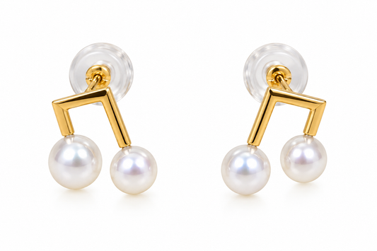 Front view of 18k Yellow Gold Fresh Water Music Note Pearl Earrings
