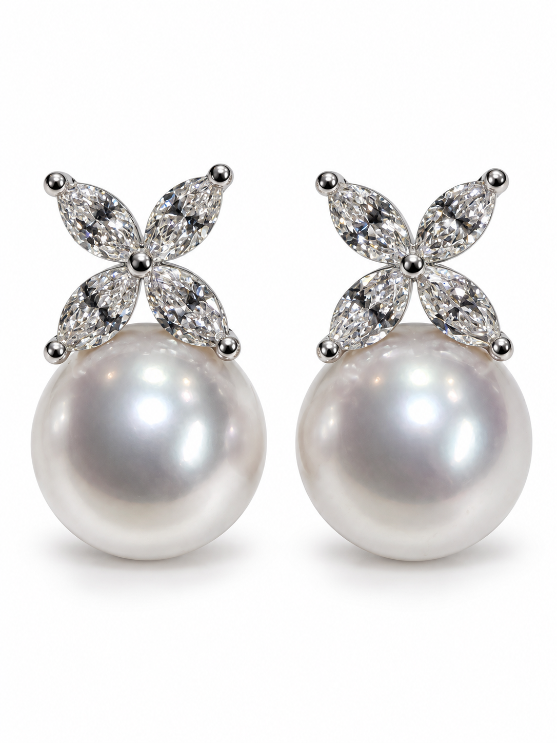Front view of 18k White Gold Marquise Shape Diamond Drop Earrings with Cultured Pearl