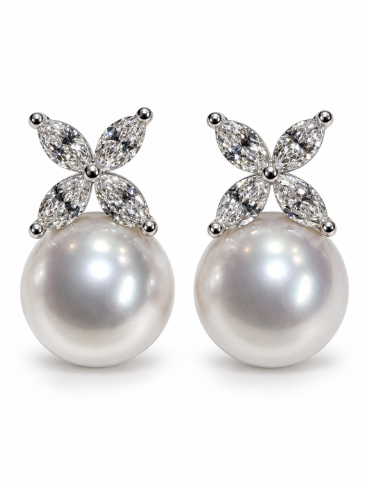 Front view of 18k White Gold Marquise Shape Diamond Drop Earrings with Cultured Pearl
