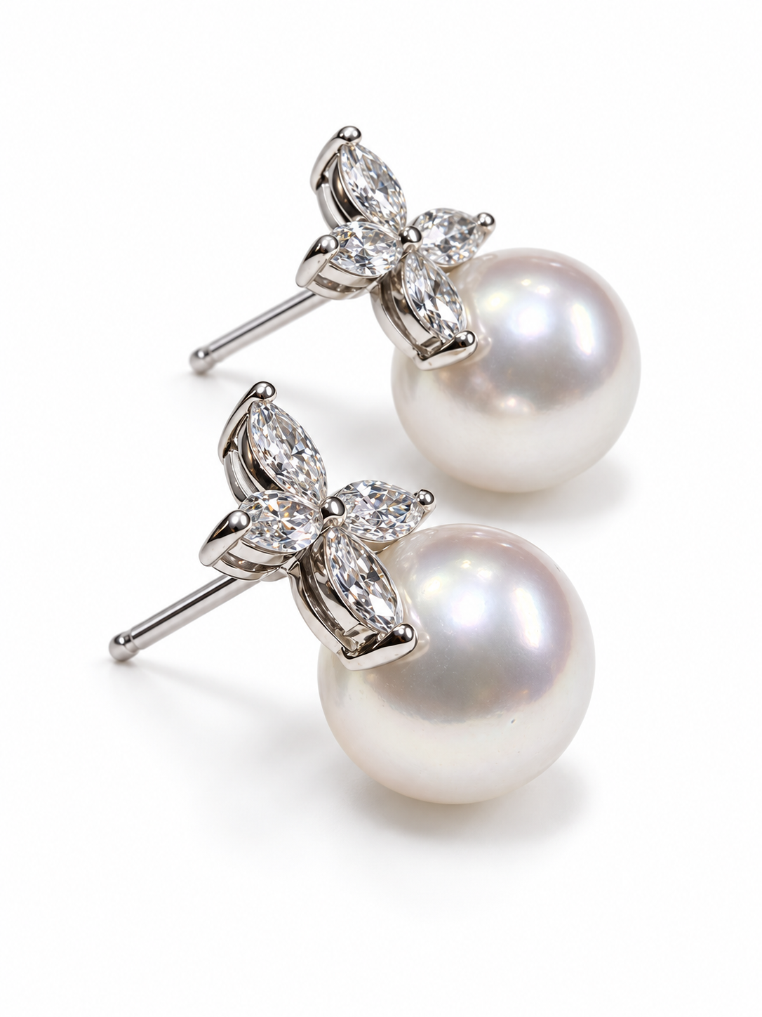 Side view of 18k White Gold Marquise Shape Diamond Drop Earrings with Cultured Pearl