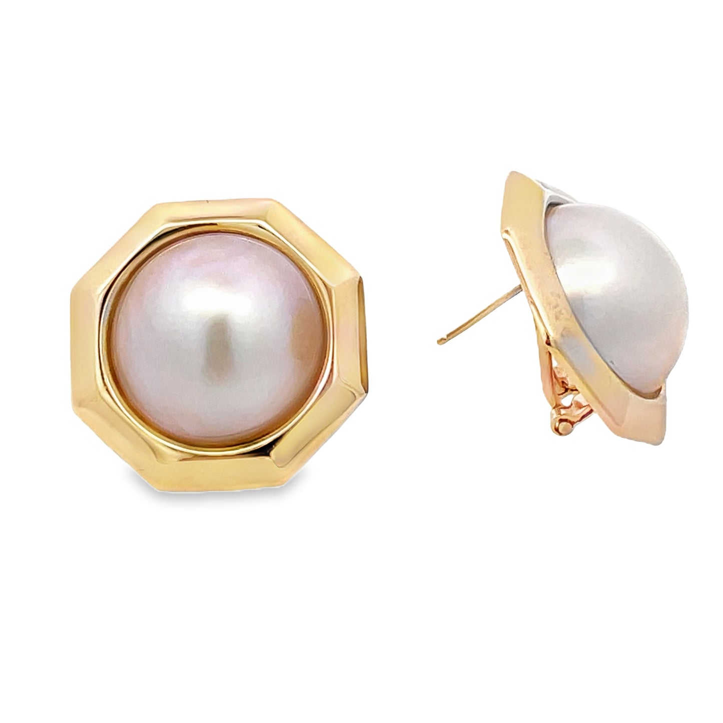 Side view of 14k Yellow Gold Large Mabe Pearl Yellow Gold Earrings 18.00 mm