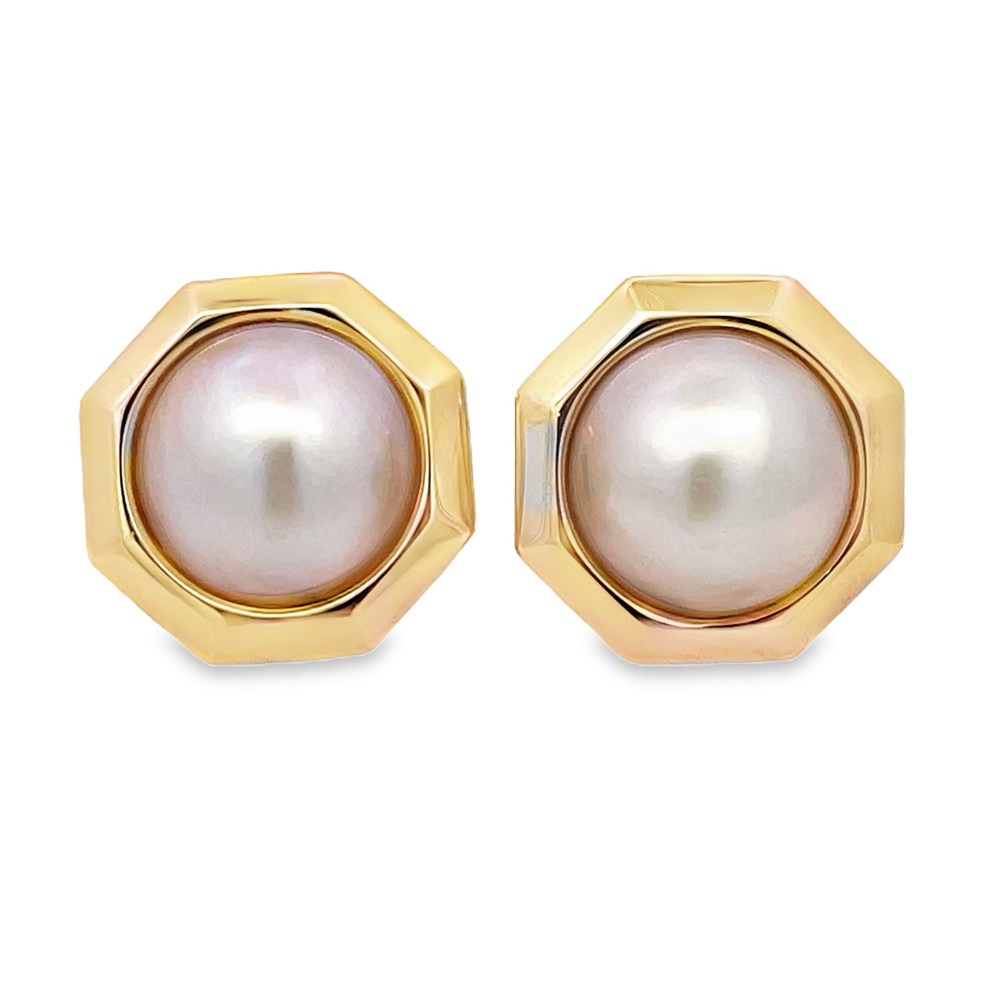Front view of 14k Yellow Gold Large Mabe Pearl Yellow Gold Earrings 18.00 mm