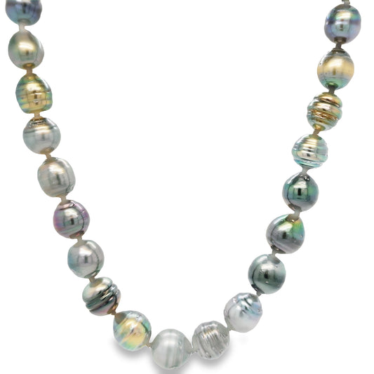 Front view of Black Tahitian Baroque Multi Color Pearl Necklace