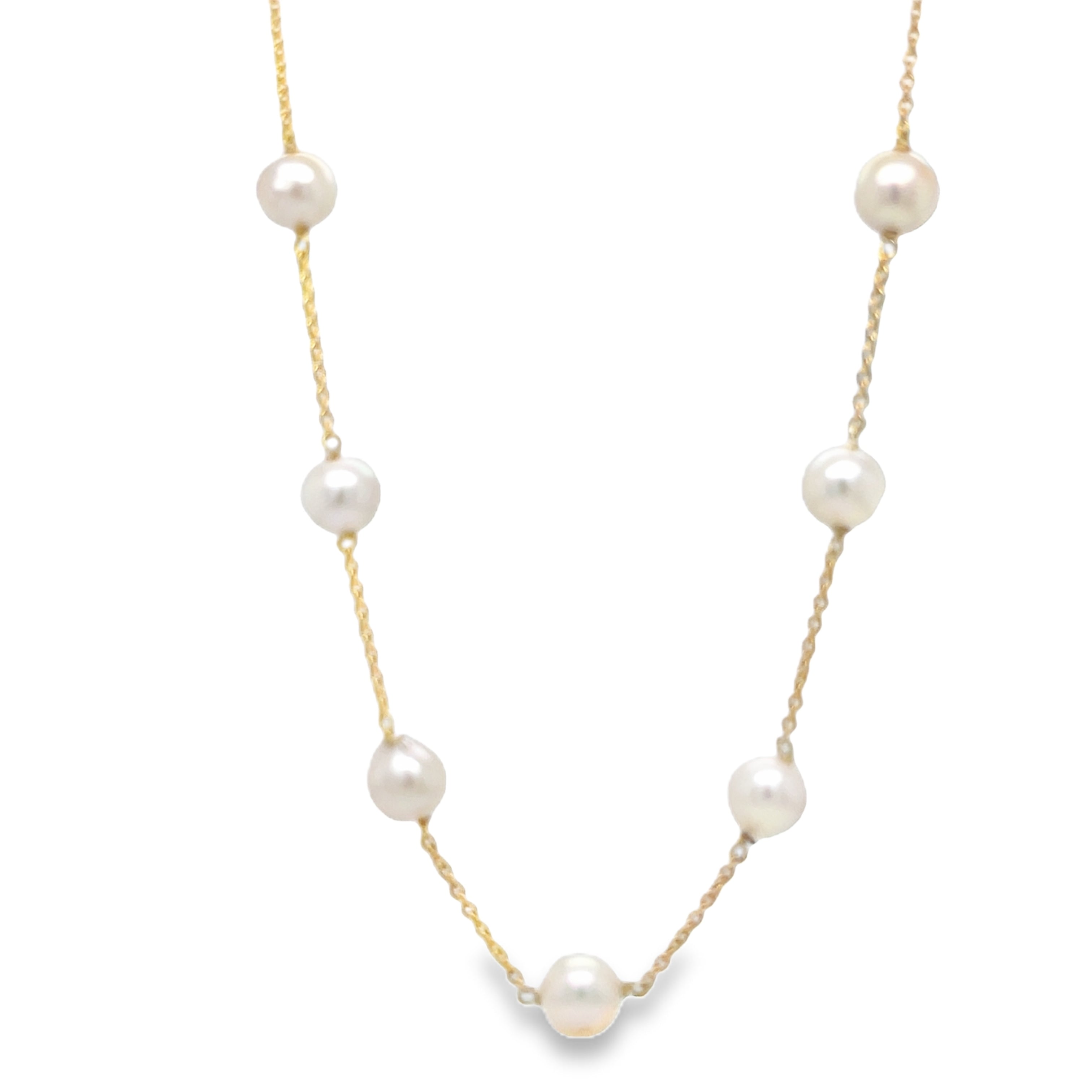 ndulge in the elegance of our 14k Yellow Gold Station Pearl Necklace. Crafted with a heart solid clasp, this 16" necklace features 14 lustrous cultured pearls, each measuring 8.00mm. A luxurious addition to any wardrobe, perfect for those who appreciate the finer things in life.