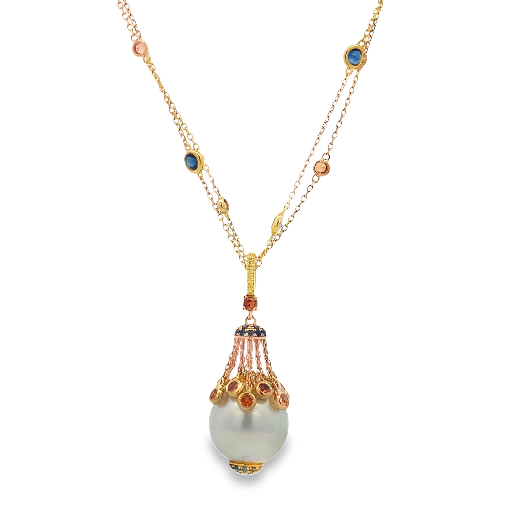 Front view of 18k Yellow Gold Fancy Cultured Pearl Necklace with Diamond and Sapphires 