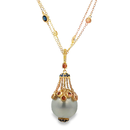 Front view of 18k Yellow Gold Fancy Cultured Pearl Necklace with Diamond and Sapphires 