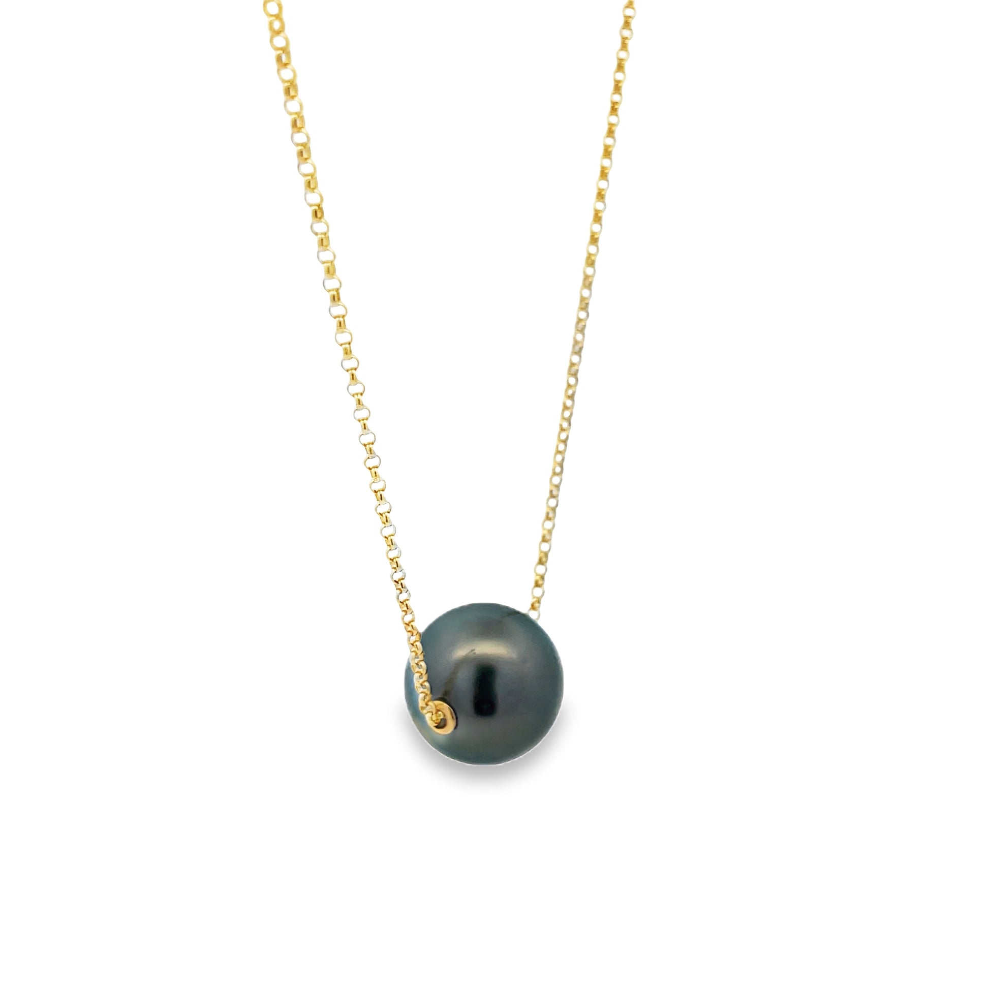 Side view of 14k Yellow Gold Tahitian Single Pearl Necklace 14.50 mm