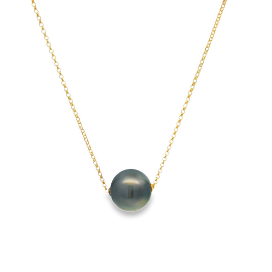 Front view of 14k Yellow Gold Tahitian Single Pearl Necklace 14.50 mm