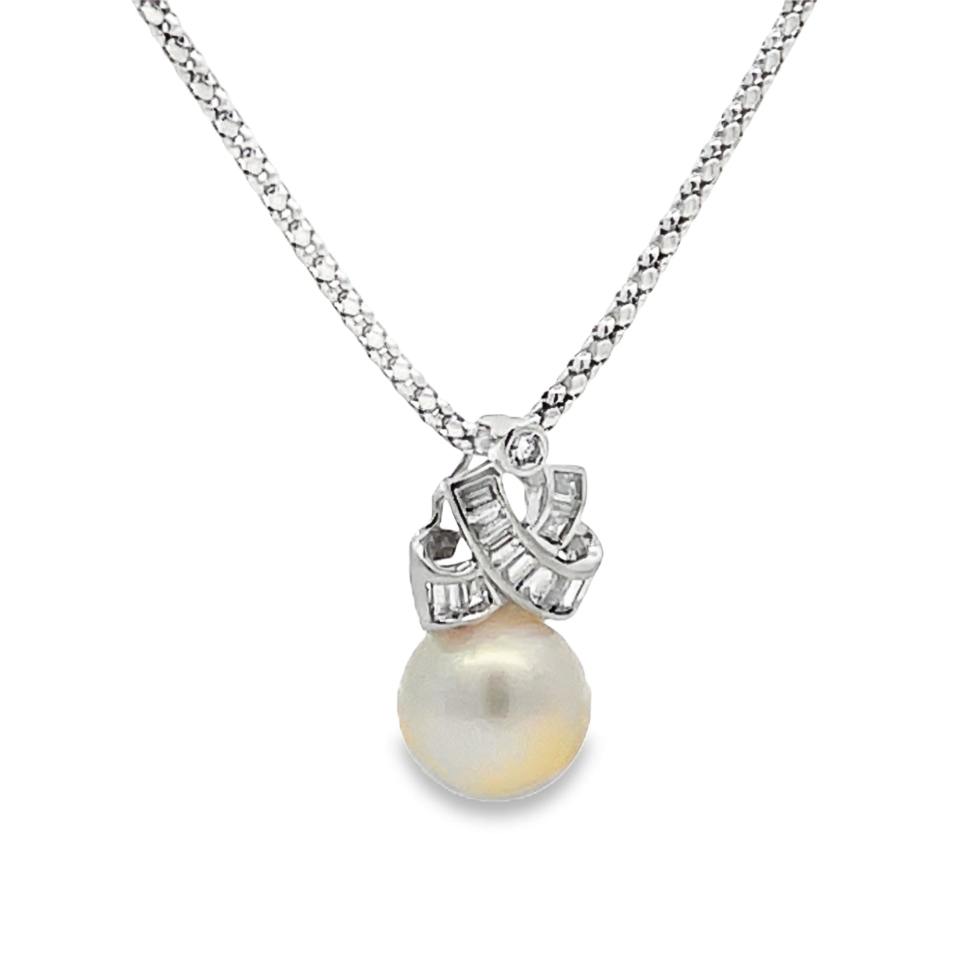 Side view of 14k White Gold South Sea Single Pearl Diamond Pendant Necklace 11.00 mm