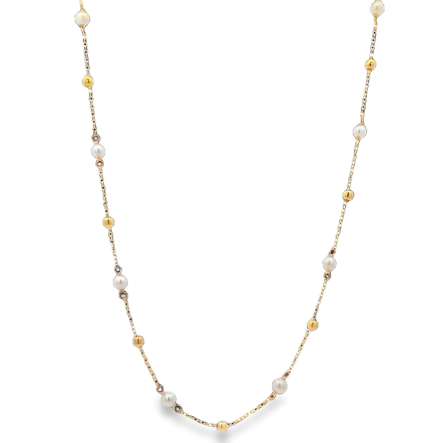 Front view of 14k Yellow Gold Station Small Pearl and Gold Bead Necklace 3.25 mm