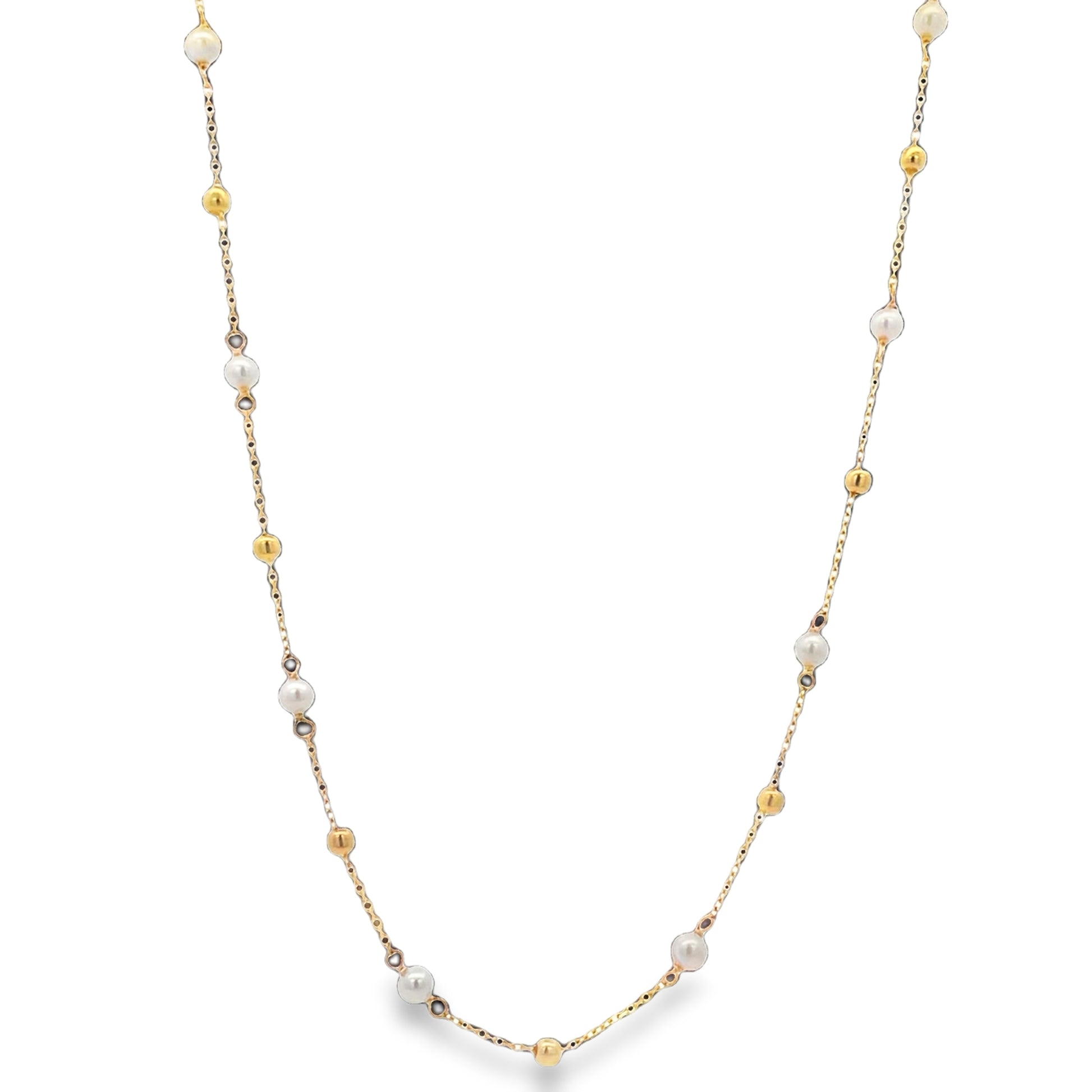 Front view of 14k Yellow Gold Station Small Pearl and Gold Bead Necklace 3.25 mm