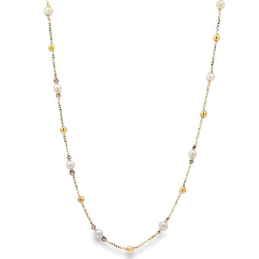 Front view of 14k Yellow Gold Station Small Pearl and Gold Bead Necklace 3.25 mm