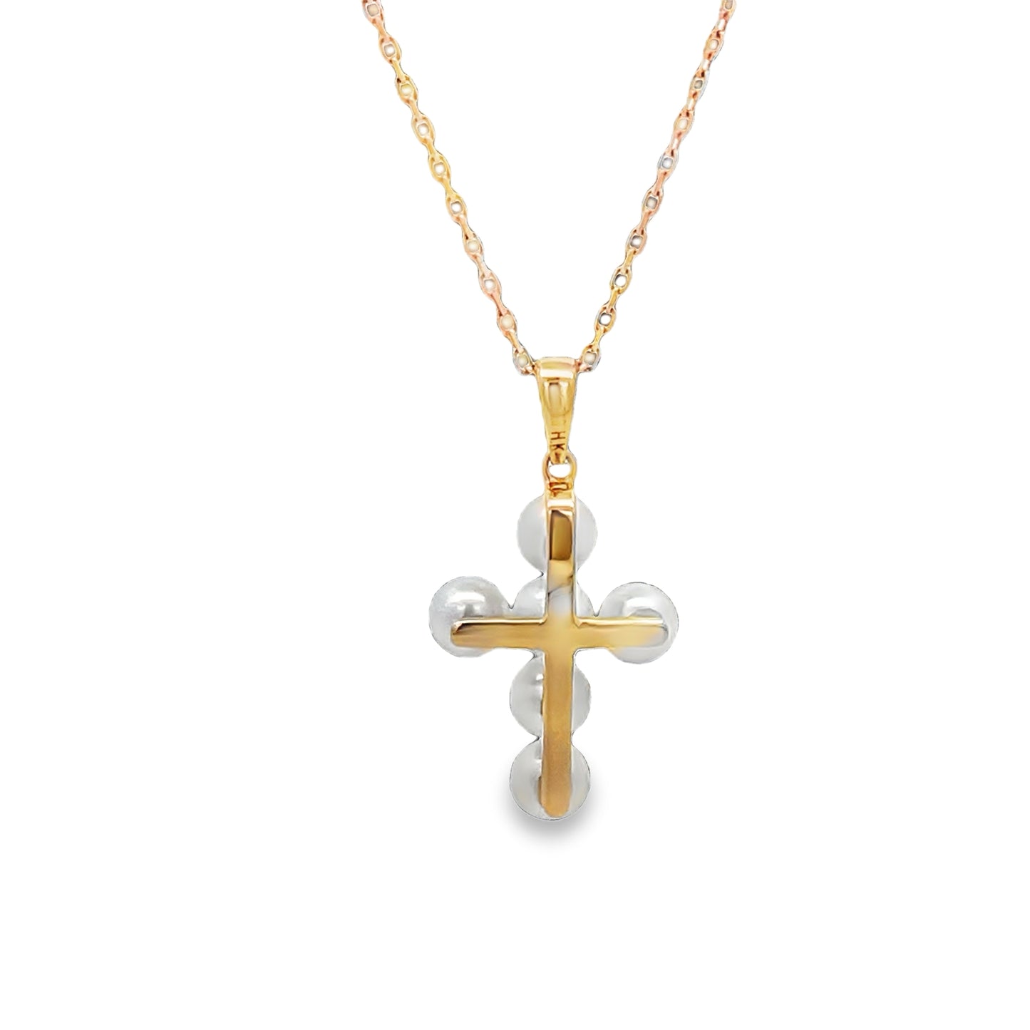 Back view of 14k Italian Made Yellow Gold Pearl Cross Pendant Necklace
