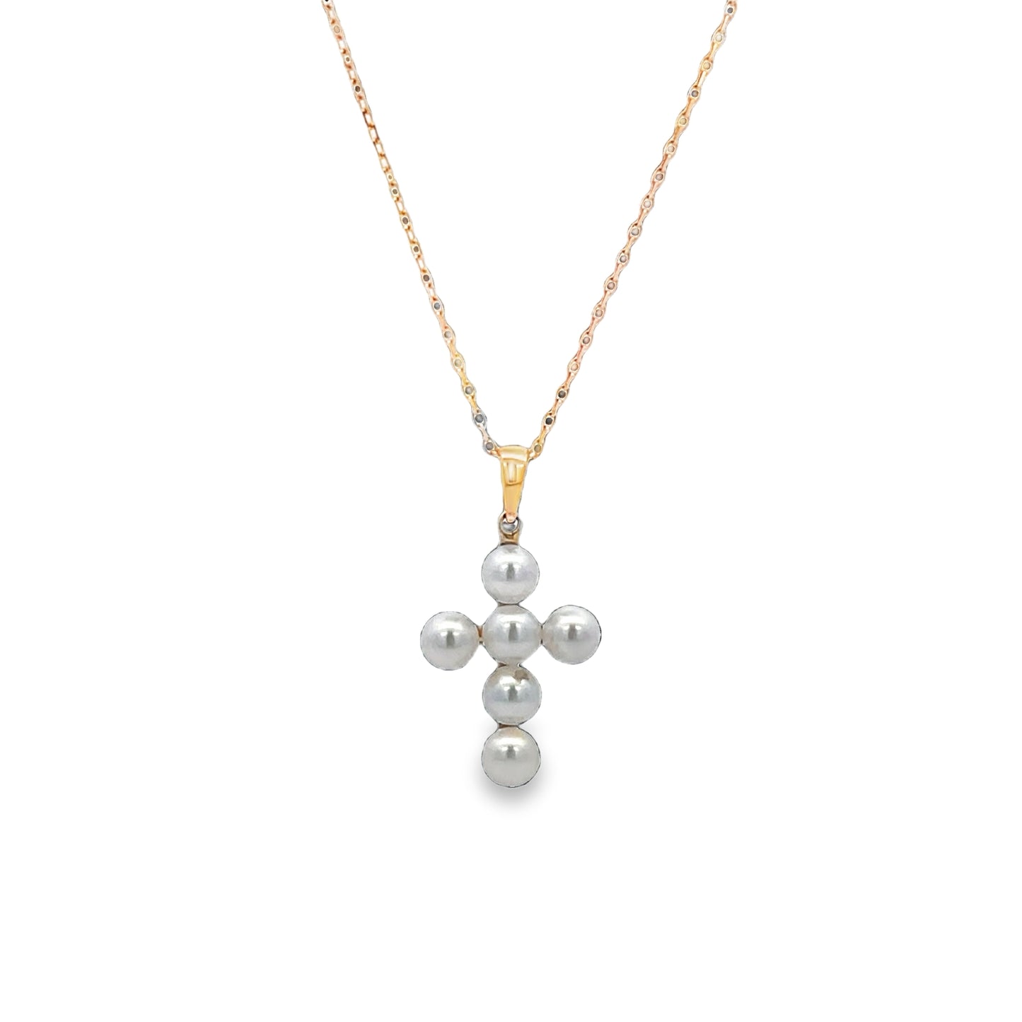 Front view of 14k Italian Made Yellow Gold Pearl Cross Pendant Necklace