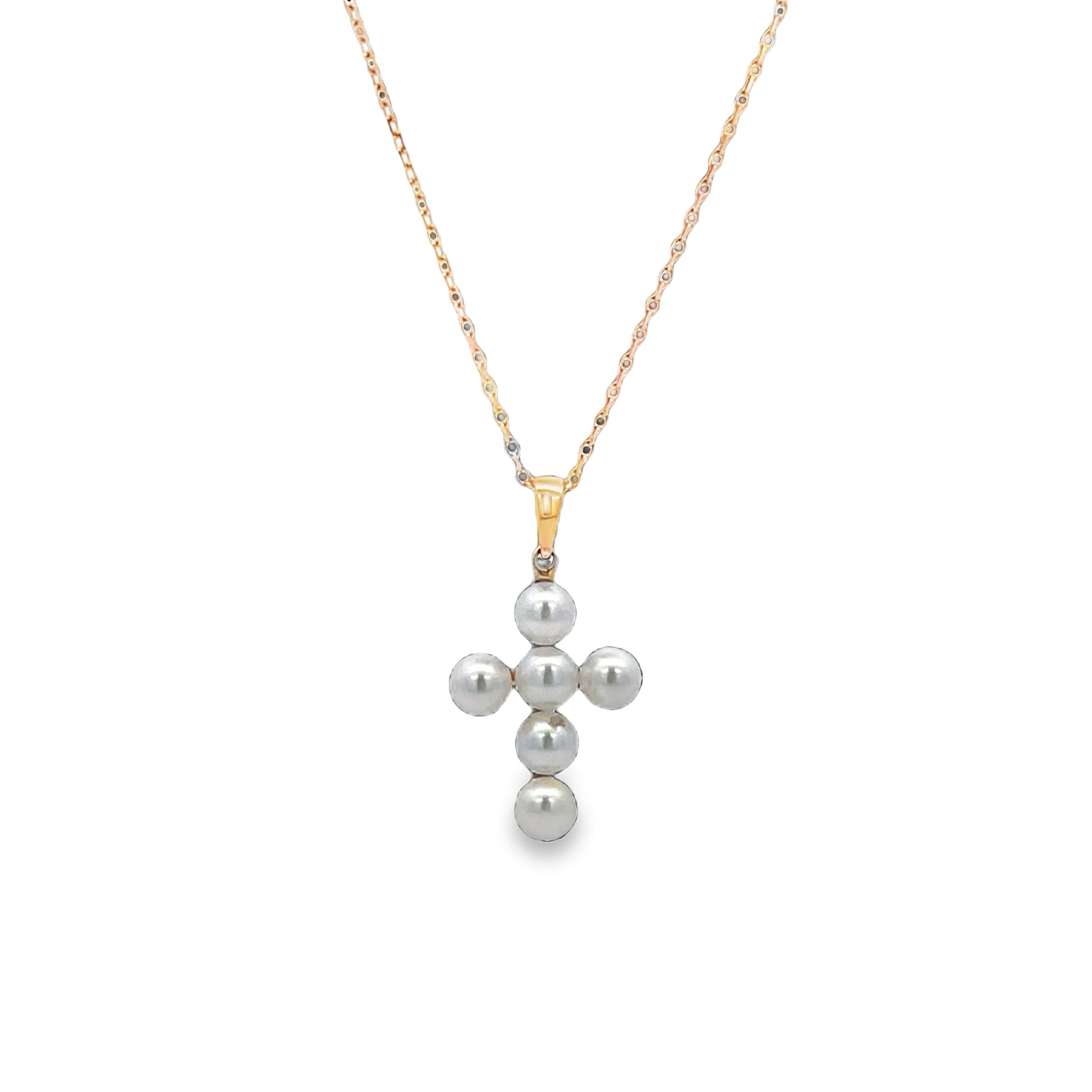 Front view of 14k Italian Made Yellow Gold Pearl Cross Pendant Necklace