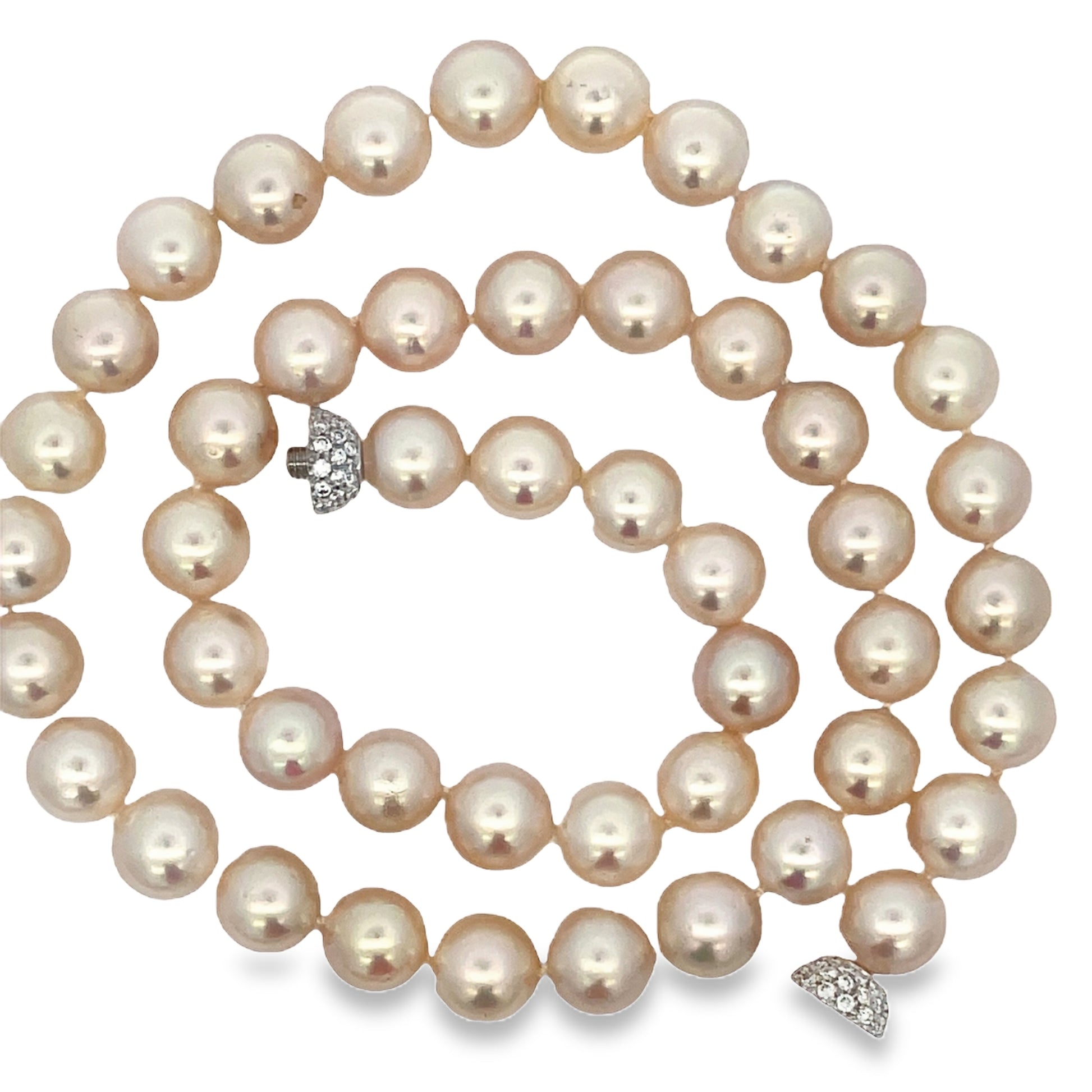 op view of fastened 18k White Gold Diamond Clasp Cultured Pearl Necklace 8.50 mm 