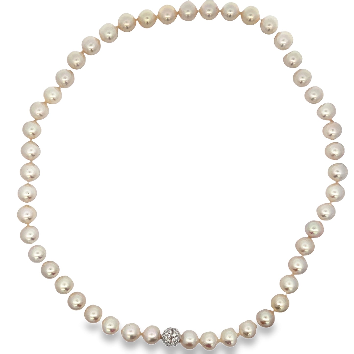 Top view of fastened 18k White Gold Diamond Clasp Cultured Pearl Necklace 8.50 mm 