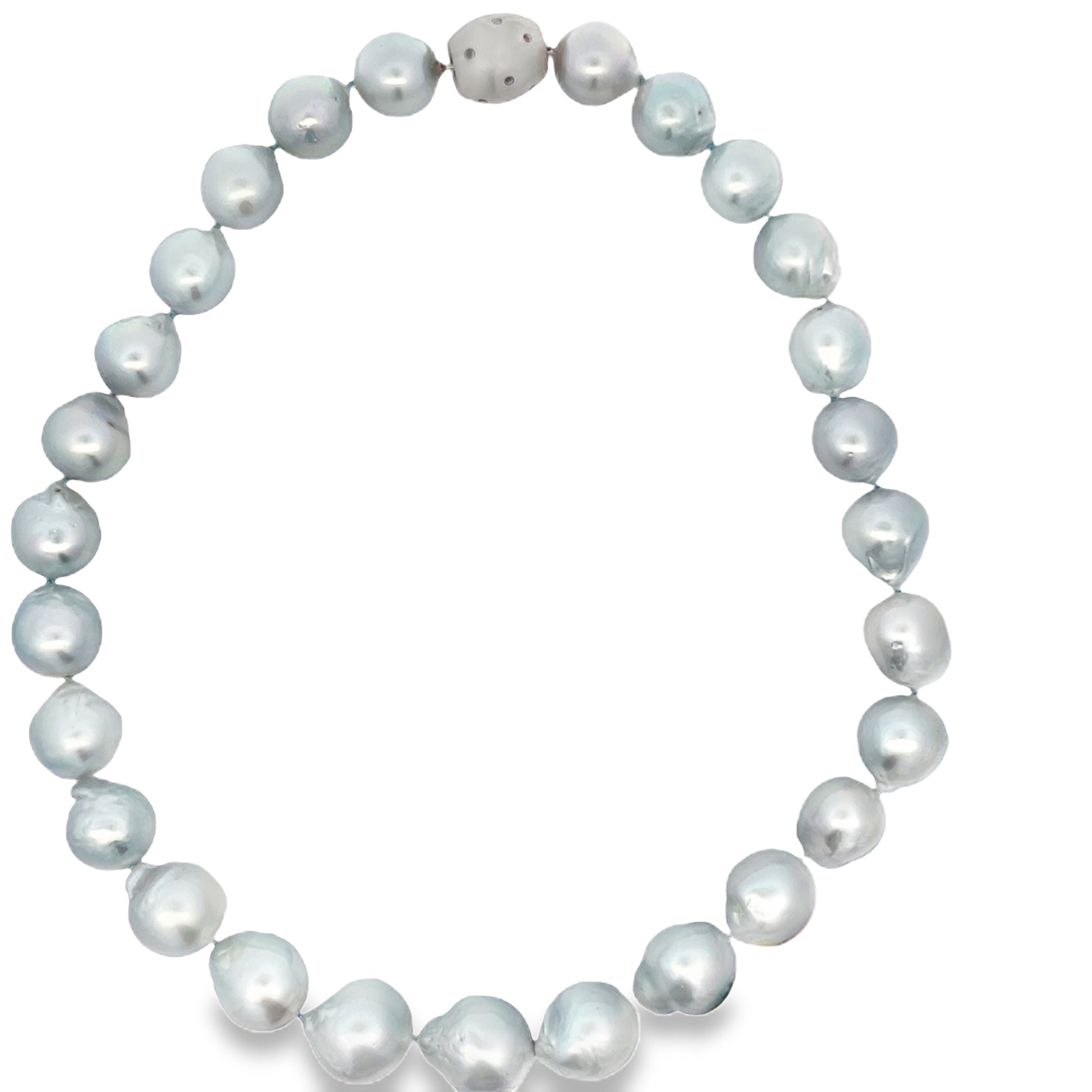 Front view of 18k White Gold Diamond Clasp Baroque South Seas Gray Pearls 13.50 mm