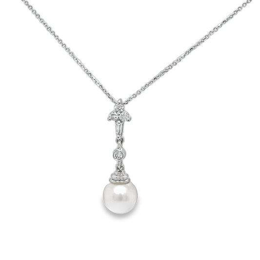 Single Pearl & Diamond Drop Pendant Necklace Front view 