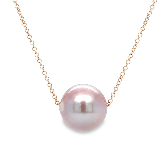 Pink Fresh Water Single Pearl Necklace in Rose Gold 12.00 mm Front view 