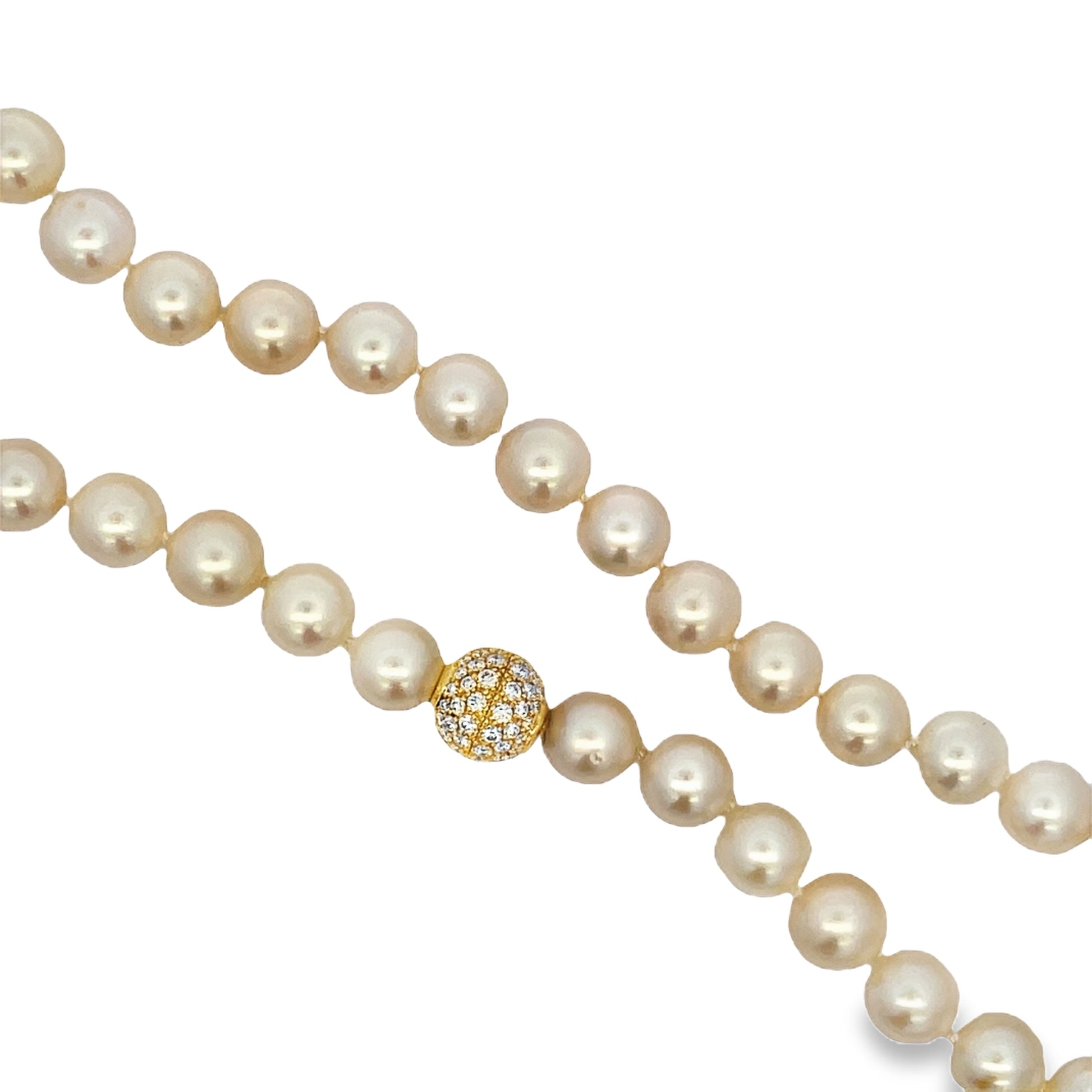 Top view of fastened 18K Yellow Gold Diamond Clasp Cultured Pearl Necklace 9.50 mm